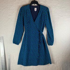 Soi Paris Womens Long Sleeve Geometric Print Green Wrap Midi Dress Silk 36 10066